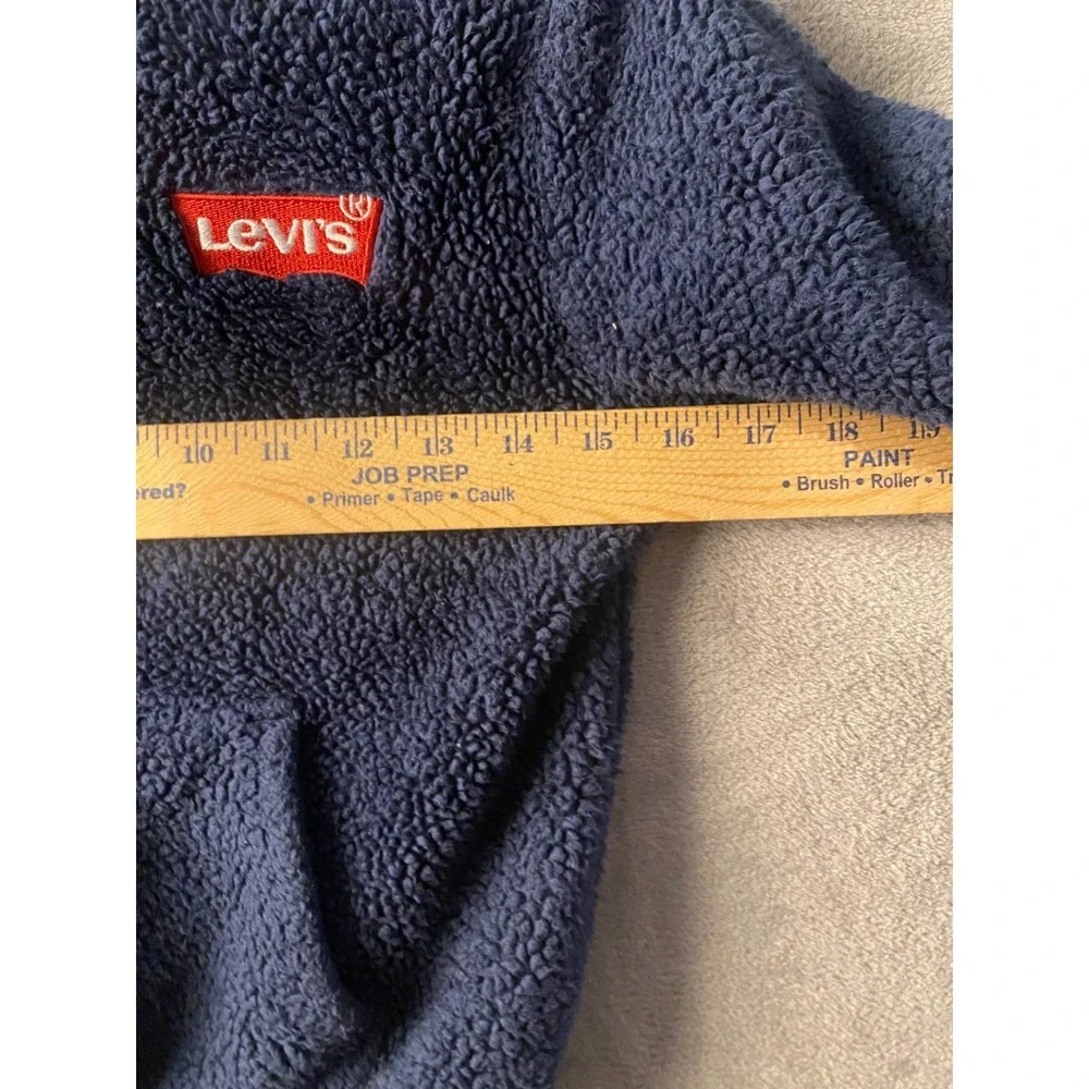 Levi's Sherpa Hoodie Youth S Navy Blue Pullover Fleece Red Logo Cozy Sweatshirt